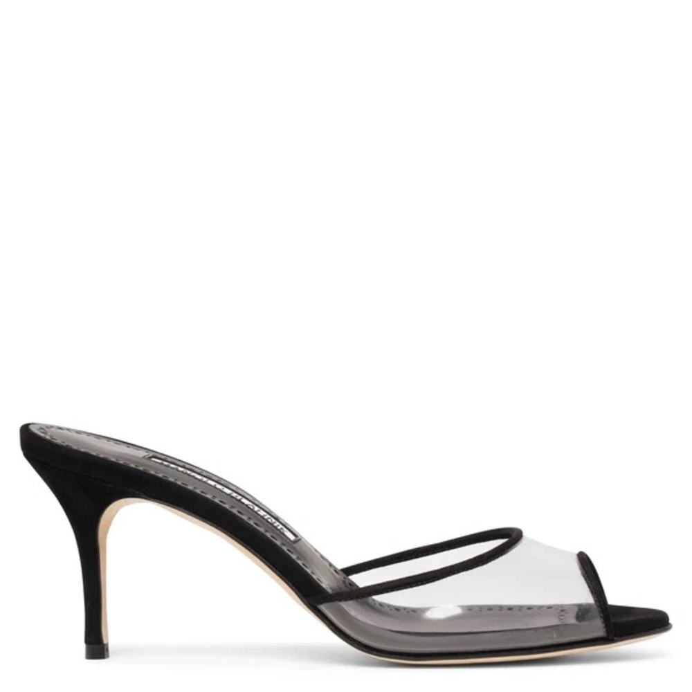 Manolo Blahnik black suede and pvc peep toe sandal